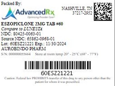 Eszopiclone 2mg Tab Qty 60 Ndc 80425 0063
